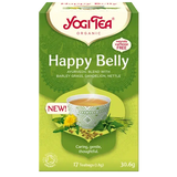 A box of Yogi Tea Organic "Happy Belly" Ayurvedic blend with barley grass, dandelion, and nettle, containing 17 naturally caffeine-free teabags.