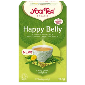 A box of Yogi Tea Organic "Happy Belly" Ayurvedic blend with barley grass, dandelion, and nettle, containing 17 naturally caffeine-free teabags.