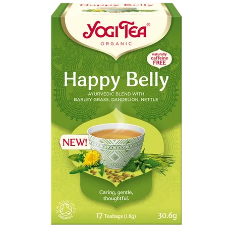 A box of Yogi Tea Organic "Happy Belly" Ayurvedic blend with barley grass, dandelion, and nettle, containing 17 naturally caffeine-free teabags.