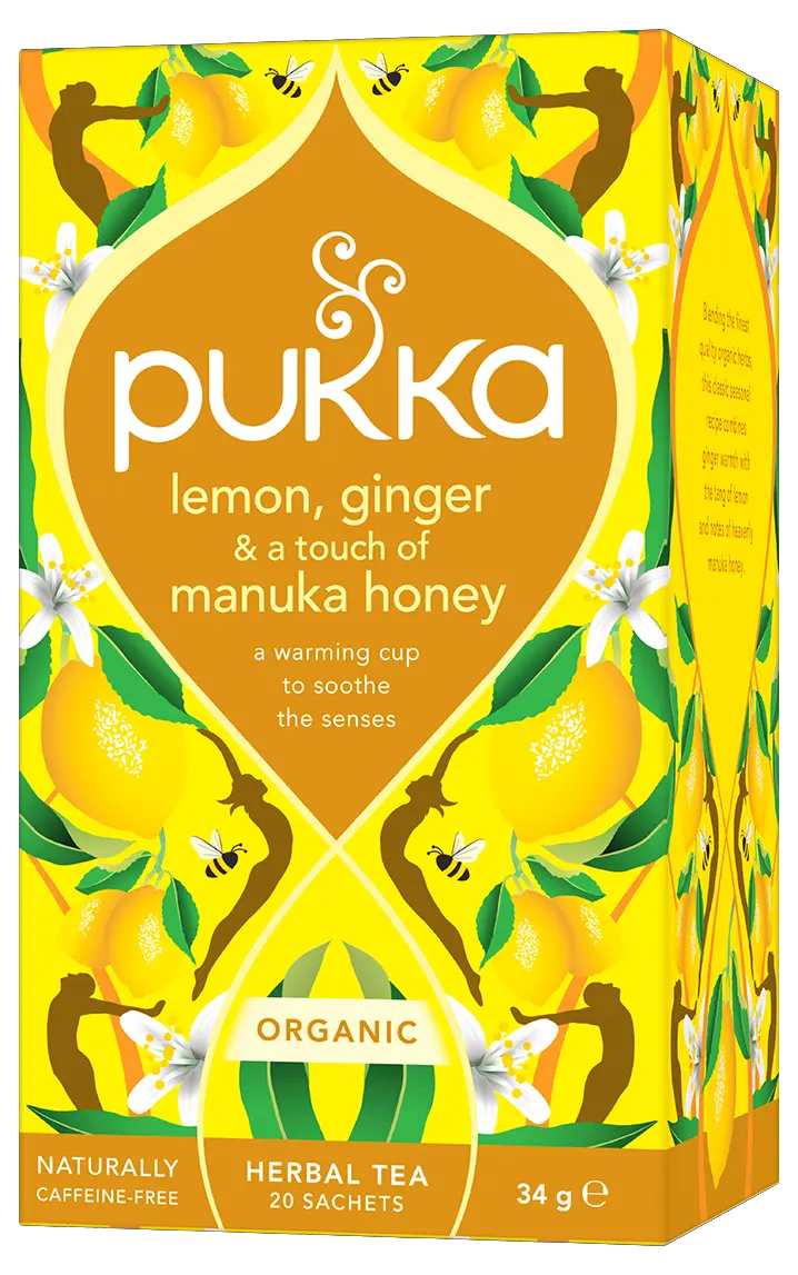 A vibrant yellow box of Pukka Organic Lemon, Ginger & Manuka Honey herbal tea, featuring a warming caffeine-free blend to soothe the senses containing 20 sachets.