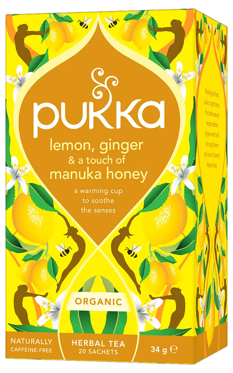 A vibrant yellow box of Pukka Organic Lemon, Ginger & Manuka Honey herbal tea, featuring a warming caffeine-free blend to soothe the senses containing 20 sachets.