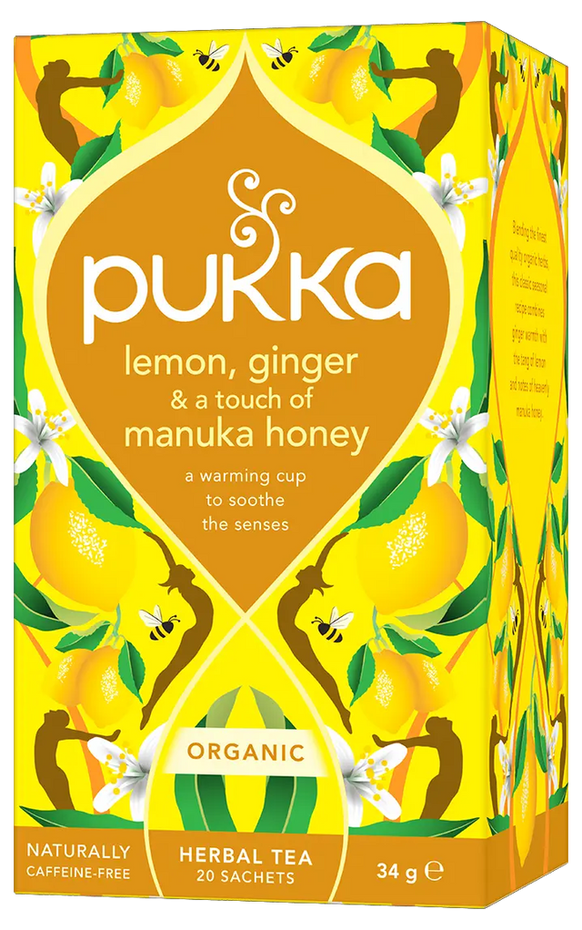 A vibrant yellow box of Pukka Organic Lemon, Ginger & Manuka Honey herbal tea, featuring a warming caffeine-free blend to soothe the senses containing 20 sachets.