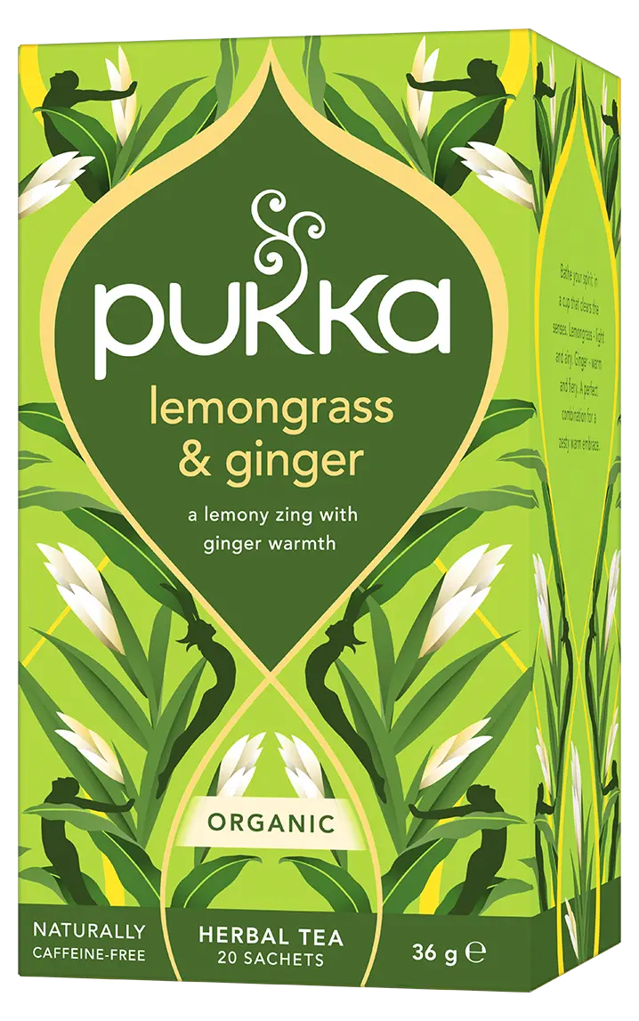 A bright green box of Pukka Organic Lemongrass & Ginger herbal tea, featuring a caffeine-free blend of lemony zing and ginger warmth containing 20 sachets.