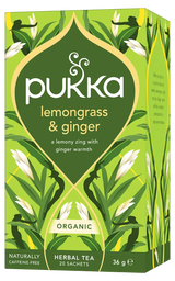 A bright green box of Pukka Organic Lemongrass & Ginger herbal tea, featuring a caffeine-free blend of lemony zing and ginger warmth containing 20 sachets.