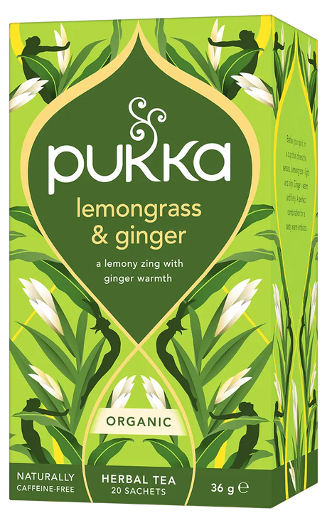A bright green box of Pukka Organic Lemongrass & Ginger herbal tea, featuring a caffeine-free blend of lemony zing and ginger warmth containing 20 sachets.