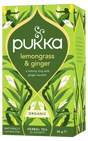 A bright green box of Pukka Organic Lemongrass & Ginger herbal tea, featuring a caffeine-free blend of lemony zing and ginger warmth containing 20 sachets.