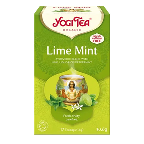 A box of Yogi Tea Organic "Lime Mint" Ayurvedic blend with lime, liquorice, and peppermint, containing 17 caffeine-free teabags.