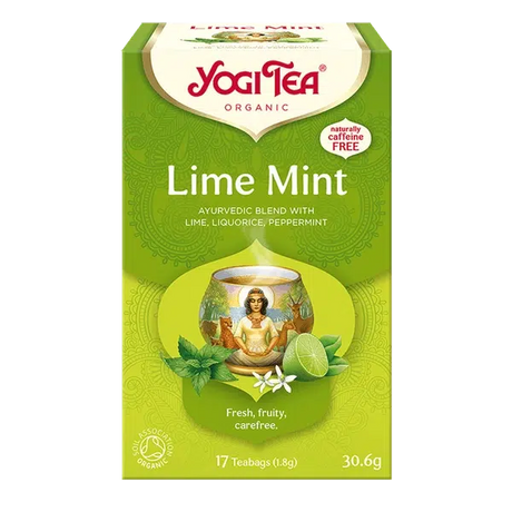 A box of Yogi Tea Organic "Lime Mint" Ayurvedic blend with lime, liquorice, and peppermint, containing 17 caffeine-free teabags.