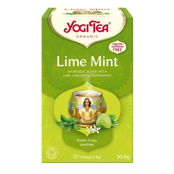 A box of Yogi Tea Organic "Lime Mint" Ayurvedic blend with lime, liquorice, and peppermint, containing 17 caffeine-free teabags.