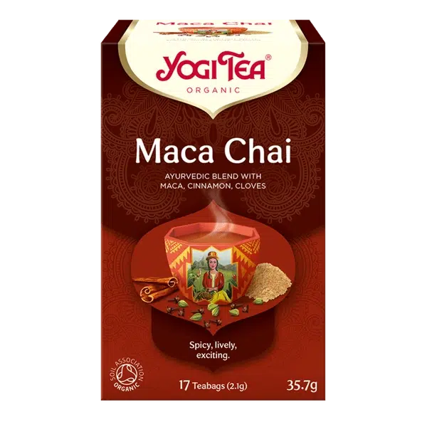 A box of Yogi Tea Organic "Maca Chai" Ayurvedic blend with maca, cinnamon, and cloves, containing 17 teabags.