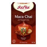 A box of Yogi Tea Organic "Maca Chai" Ayurvedic blend with maca, cinnamon, and cloves, containing 17 teabags.