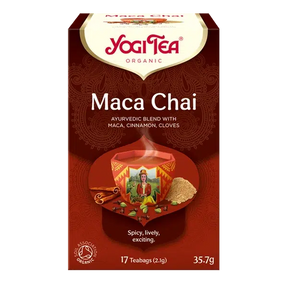A box of Yogi Tea Organic "Maca Chai" Ayurvedic blend with maca, cinnamon, and cloves, containing 17 teabags.