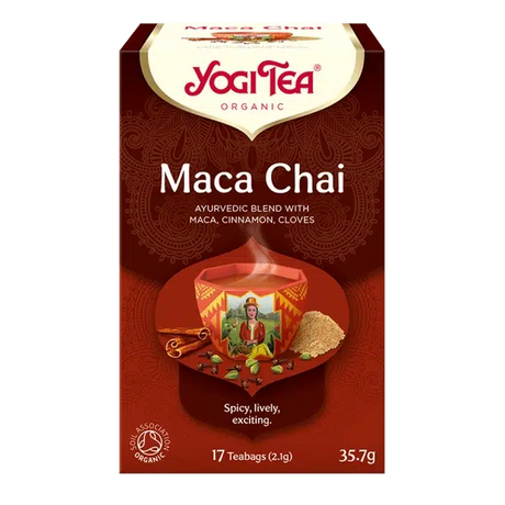 A box of Yogi Tea Organic "Maca Chai" Ayurvedic blend with maca, cinnamon, and cloves, containing 17 teabags.
