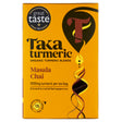 A yellow box of Taka Turmeric Organic Masala Chai tea, containing 15 unbleached tea bags with 1000mg of turmeric and crushed black peppercorns.