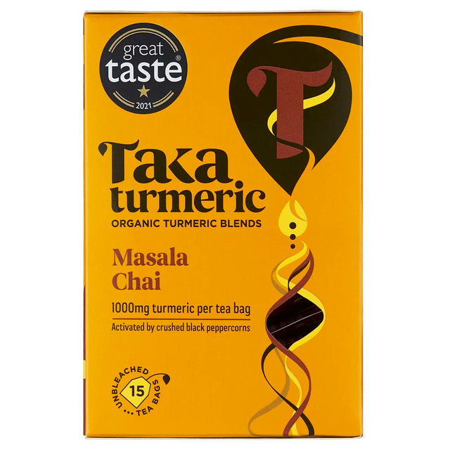 A yellow box of Taka Turmeric Organic Masala Chai tea, containing 15 unbleached tea bags with 1000mg of turmeric and crushed black peppercorns.
