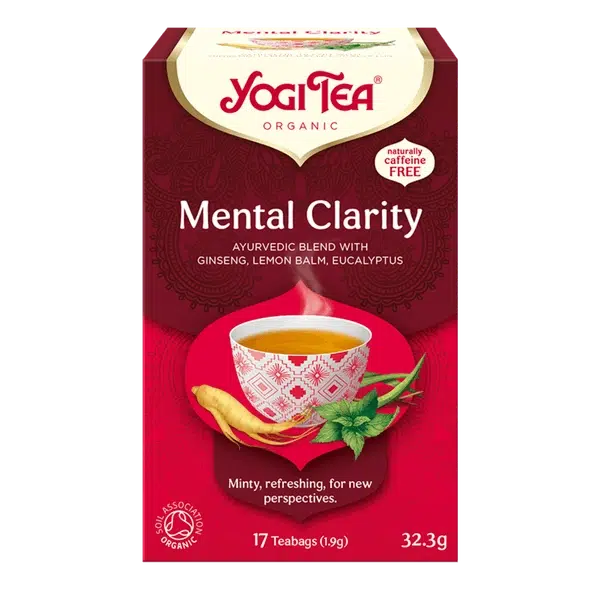 A box of Yogi Tea Organic "Mental Clarity" Ayurvedic blend, featuring ginseng, lemon balm, and eucalyptus.