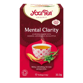 A box of Yogi Tea Organic "Mental Clarity" Ayurvedic blend, featuring ginseng, lemon balm, and eucalyptus.