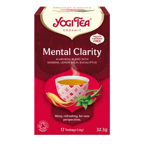 A box of Yogi Tea Organic "Mental Clarity" Ayurvedic blend, featuring ginseng, lemon balm, and eucalyptus.