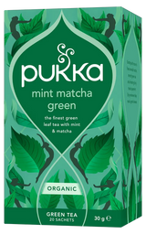 A box of Pukka Organic Mint Matcha Green tea, featuring a smooth blend of green leaf tea, spearmint, and emerald matcha containing 20 sachets.