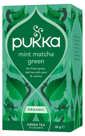 A box of Pukka Organic Mint Matcha Green tea, featuring a smooth blend of green leaf tea, spearmint, and emerald matcha containing 20 sachets.