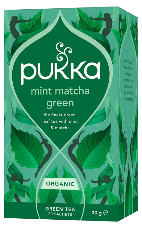 A box of Pukka Organic Mint Matcha Green tea, featuring a smooth blend of green leaf tea, spearmint, and emerald matcha containing 20 sachets.