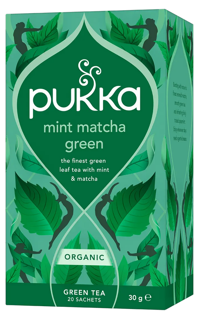 A box of Pukka Organic Mint Matcha Green tea, featuring a smooth blend of green leaf tea, spearmint, and emerald matcha containing 20 sachets.