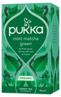 A box of Pukka Organic Mint Matcha Green tea, featuring a smooth blend of green leaf tea, spearmint, and emerald matcha containing 20 sachets.