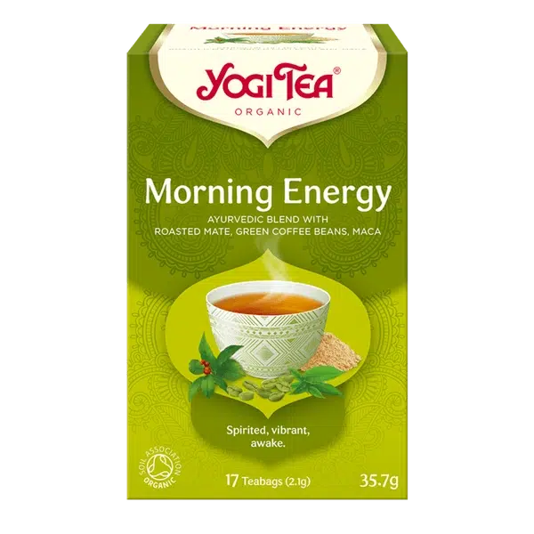 A box of Yogi Tea Organic "Morning Energy" Ayurvedic blend with roasted mate, green coffee beans, and maca, containing 17 teabags.