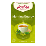 A box of Yogi Tea Organic "Morning Energy" Ayurvedic blend with roasted mate, green coffee beans, and maca, containing 17 teabags.
