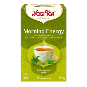 A box of Yogi Tea Organic "Morning Energy" Ayurvedic blend with roasted mate, green coffee beans, and maca, containing 17 teabags.