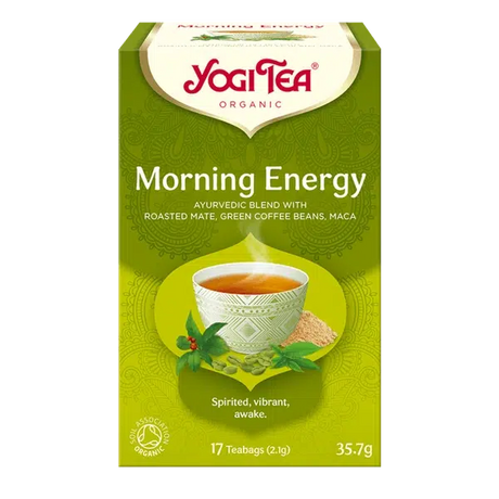 A box of Yogi Tea Organic "Morning Energy" Ayurvedic blend with roasted mate, green coffee beans, and maca, containing 17 teabags.