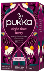 A dark purple box of Pukka Organic Night Time Berry herbal tea, featuring a restorative caffeine-free blend of elderberry, echinacea, and valerian containing 20 sachets.