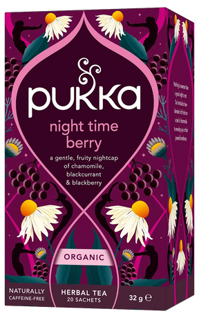 A dark purple box of Pukka Organic Night Time Berry herbal tea, featuring a restorative caffeine-free blend of elderberry, echinacea, and valerian containing 20 sachets.