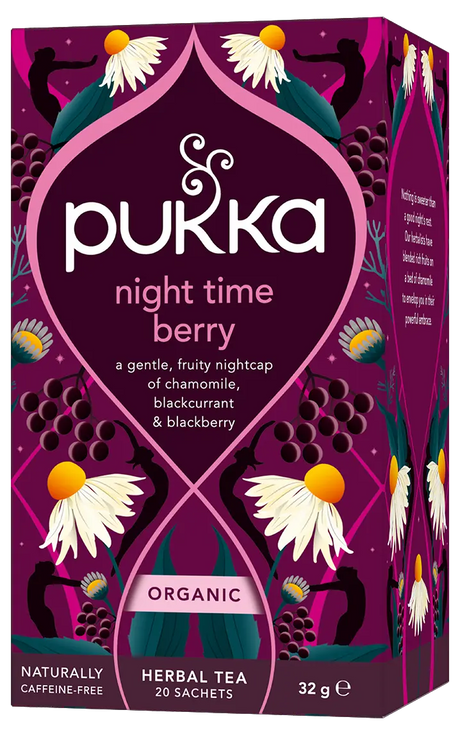 A dark purple box of Pukka Organic Night Time Berry herbal tea, featuring a restorative caffeine-free blend of elderberry, echinacea, and valerian containing 20 sachets.