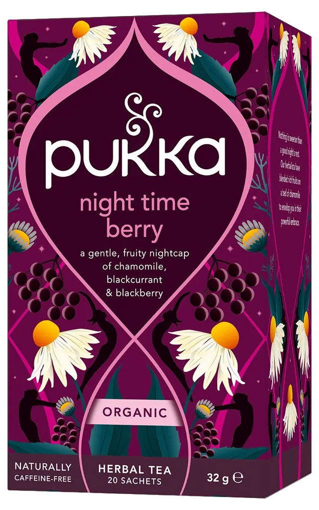 A dark purple box of Pukka Organic Night Time Berry herbal tea, featuring a restorative caffeine-free blend of elderberry, echinacea, and valerian containing 20 sachets.