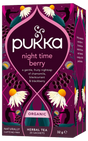 A dark purple box of Pukka Organic Night Time Berry herbal tea, featuring a restorative caffeine-free blend of elderberry, echinacea, and valerian containing 20 sachets.