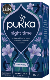 A dark blue box of Pukka Organic Night Time herbal tea, featuring a dreamy caffeine-free blend of oatflower, lavender, and limeflower containing 20 sachets.