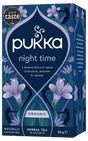 A dark blue box of Pukka Organic Night Time herbal tea, featuring a dreamy caffeine-free blend of oatflower, lavender, and limeflower containing 20 sachets.