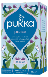 A light blue box of Pukka Organic Peace herbal tea, featuring a tranquil caffeine-free blend of spearmint, ashwagandha, and hemp seed oil containing 20 sachets.