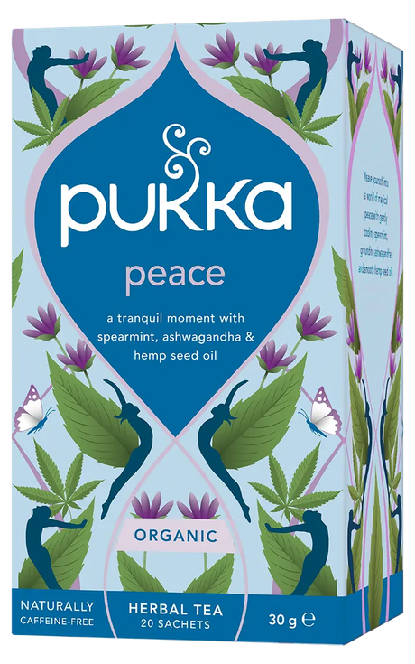A light blue box of Pukka Organic Peace herbal tea, featuring a tranquil caffeine-free blend of spearmint, ashwagandha, and hemp seed oil containing 20 sachets.