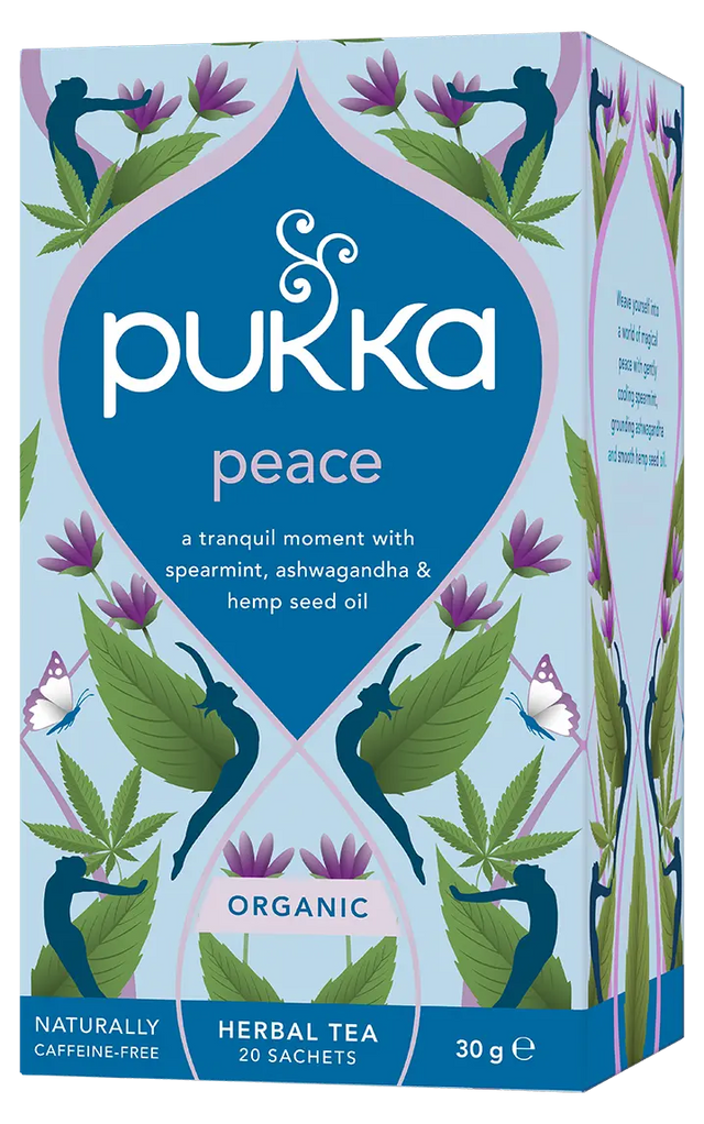 A light blue box of Pukka Organic Peace herbal tea, featuring a tranquil caffeine-free blend of spearmint, ashwagandha, and hemp seed oil containing 20 sachets.