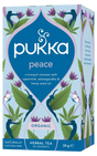 A light blue box of Pukka Organic Peace herbal tea, featuring a tranquil caffeine-free blend of spearmint, ashwagandha, and hemp seed oil containing 20 sachets.