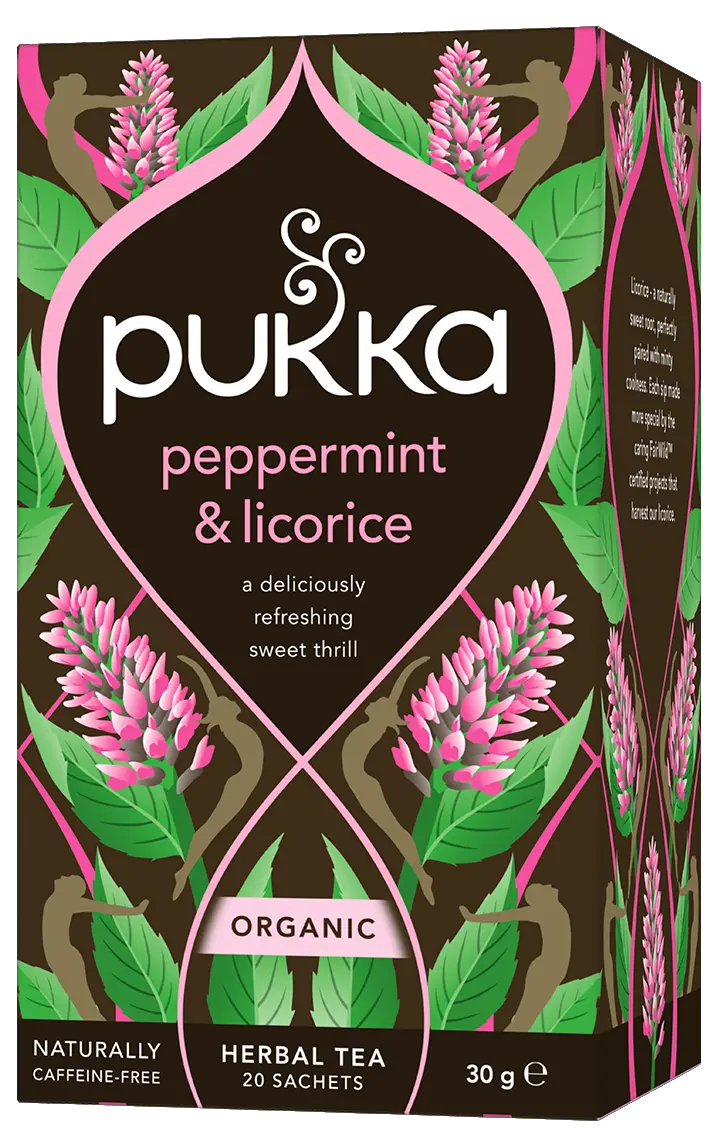 A dark brown box of Pukka Organic Peppermint & Licorice herbal tea, a naturally caffeine-free and refreshing blend containing 20 sachets.