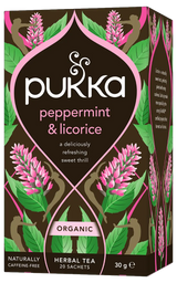 A dark brown box of Pukka Organic Peppermint & Licorice herbal tea, a naturally caffeine-free and refreshing blend containing 20 sachets.