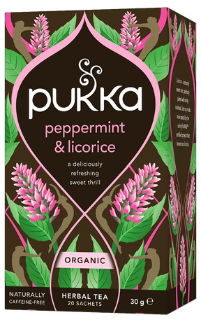 A dark brown box of Pukka Organic Peppermint & Licorice herbal tea, a naturally caffeine-free and refreshing blend containing 20 sachets.