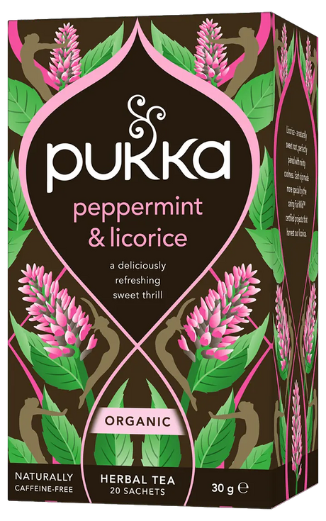 A dark brown box of Pukka Organic Peppermint & Licorice herbal tea, a naturally caffeine-free and refreshing blend containing 20 sachets.