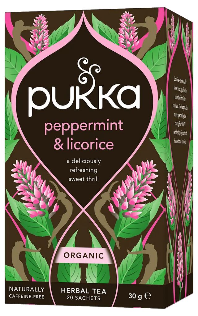 A dark brown box of Pukka Organic Peppermint & Licorice herbal tea, a naturally caffeine-free and refreshing blend containing 20 sachets.