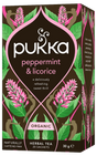 A dark brown box of Pukka Organic Peppermint & Licorice herbal tea, a naturally caffeine-free and refreshing blend containing 20 sachets.