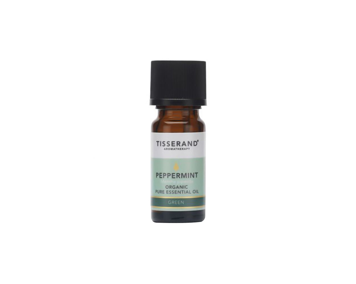 A small amber glass bottle of Tisserand Aromatherapy Peppermint Organic Pure Essential Oil with a black screw-top cap and a white and mint green label.