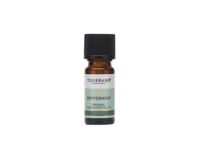 A small amber glass bottle of Tisserand Aromatherapy Peppermint Organic Pure Essential Oil with a black screw-top cap and a white and mint green label.